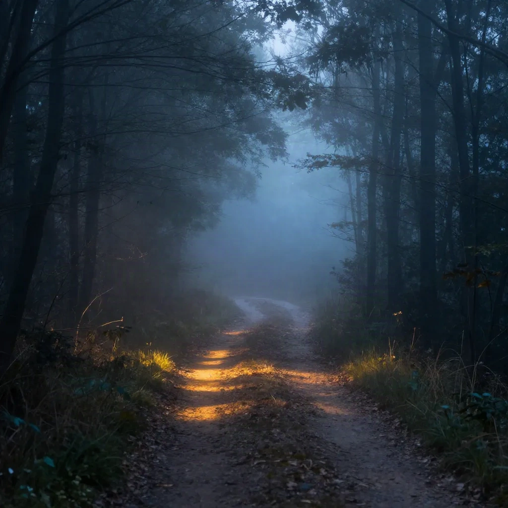 A misty forest trail where golden light splits the path into two directions at dawn