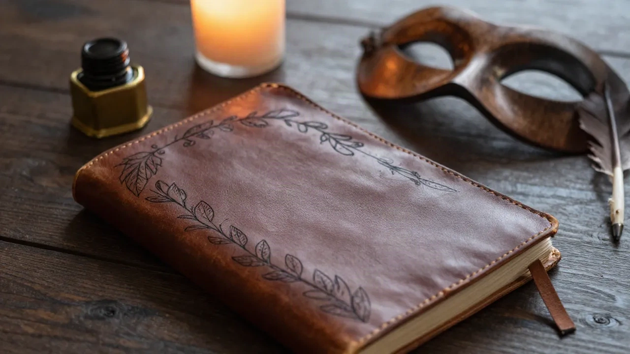 A leather journal with leaf borders, an ink pot and a quill on a candlelit oak table