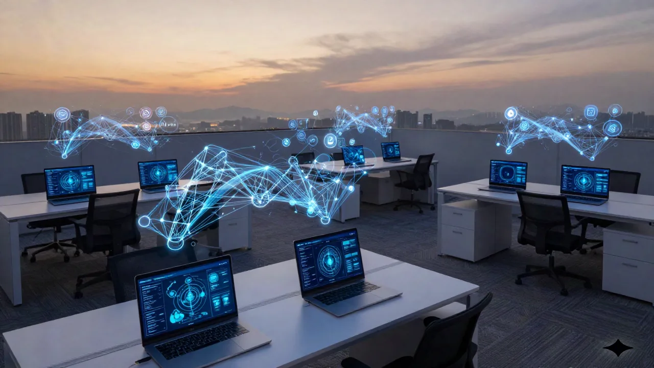 AI agent examples dashboard showing autonomous workflow nodes in a modern startup office