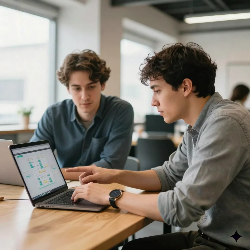 Two startup founders collaborating on AI workflow automation at a co-working space