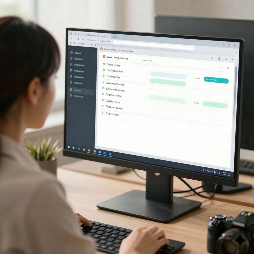 Founder reviewing AI agent customer service dashboard on a monitor in a startup office