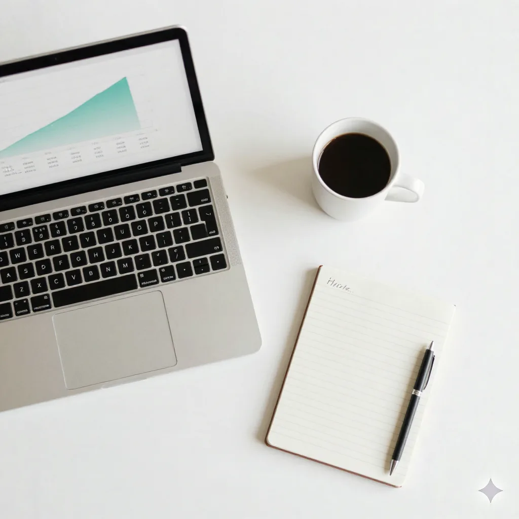Minimalist desk setup with analytics dashboard showing AI-driven business metrics