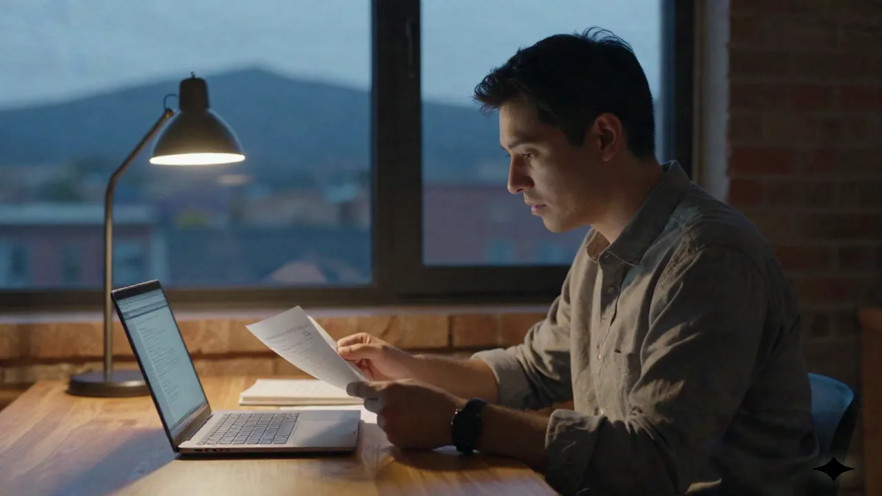 Un founder che esamina un breve report settimanale accanto a un laptop al tramonto, con lo skyline montano sullo sfondo