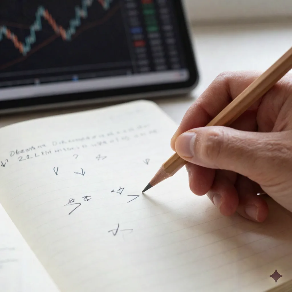 Close-up of a hand writing trade notes in a paper journal beside a tablet showing an abstract chart