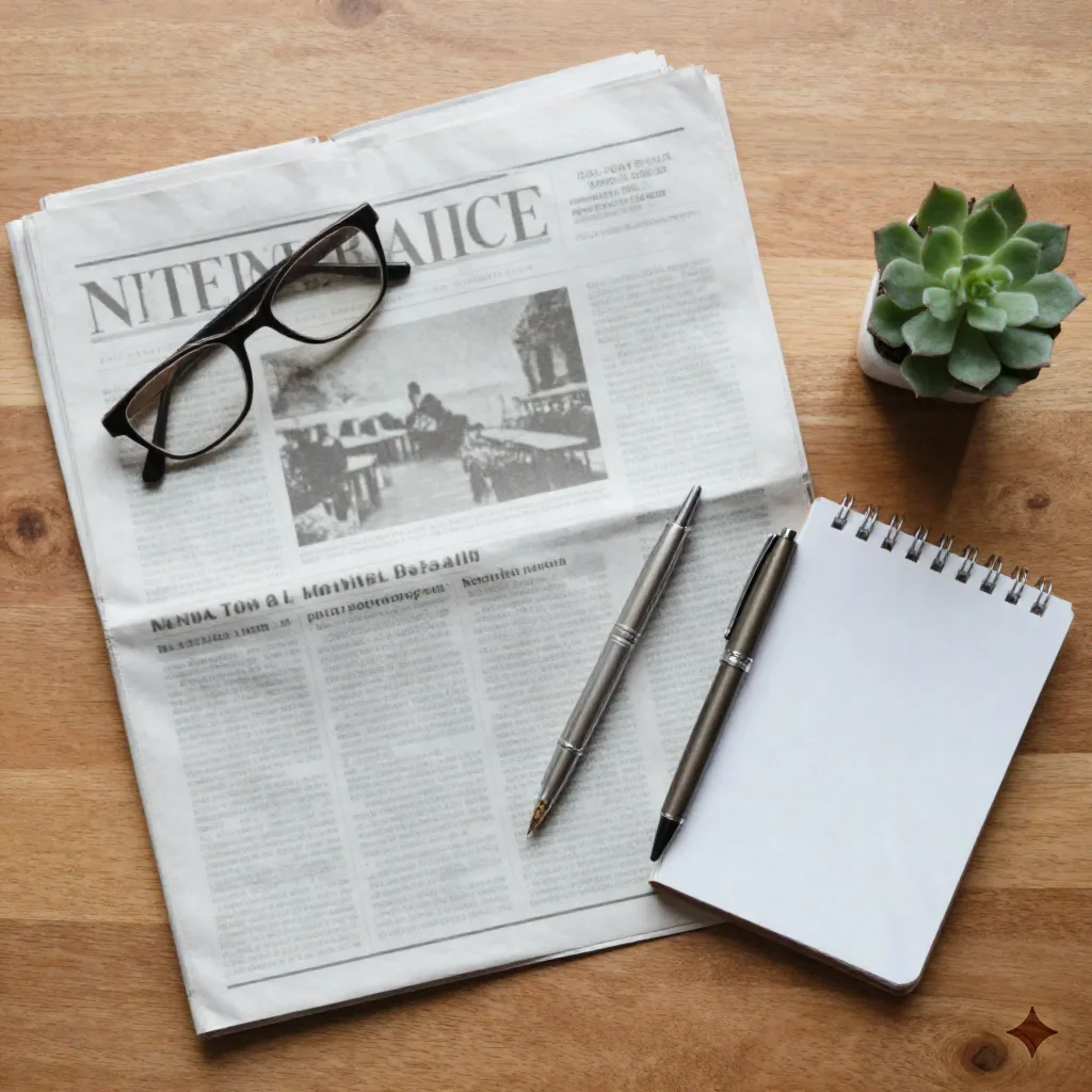 Flat lay of a blurred newspaper financial page, reading glasses, pen and a small notebook