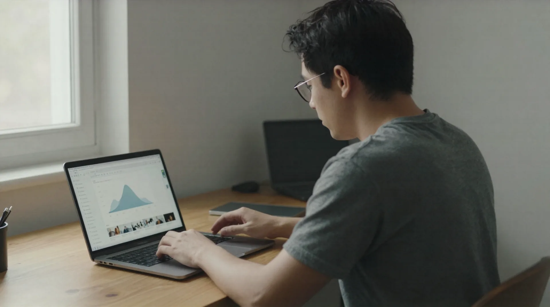 Founder working at a laptop reviewing an AI-generated startup deck and dashboard