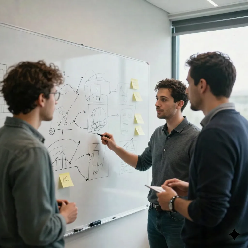 Two colleagues discussing a strategy sketched on a whiteboard in a small office