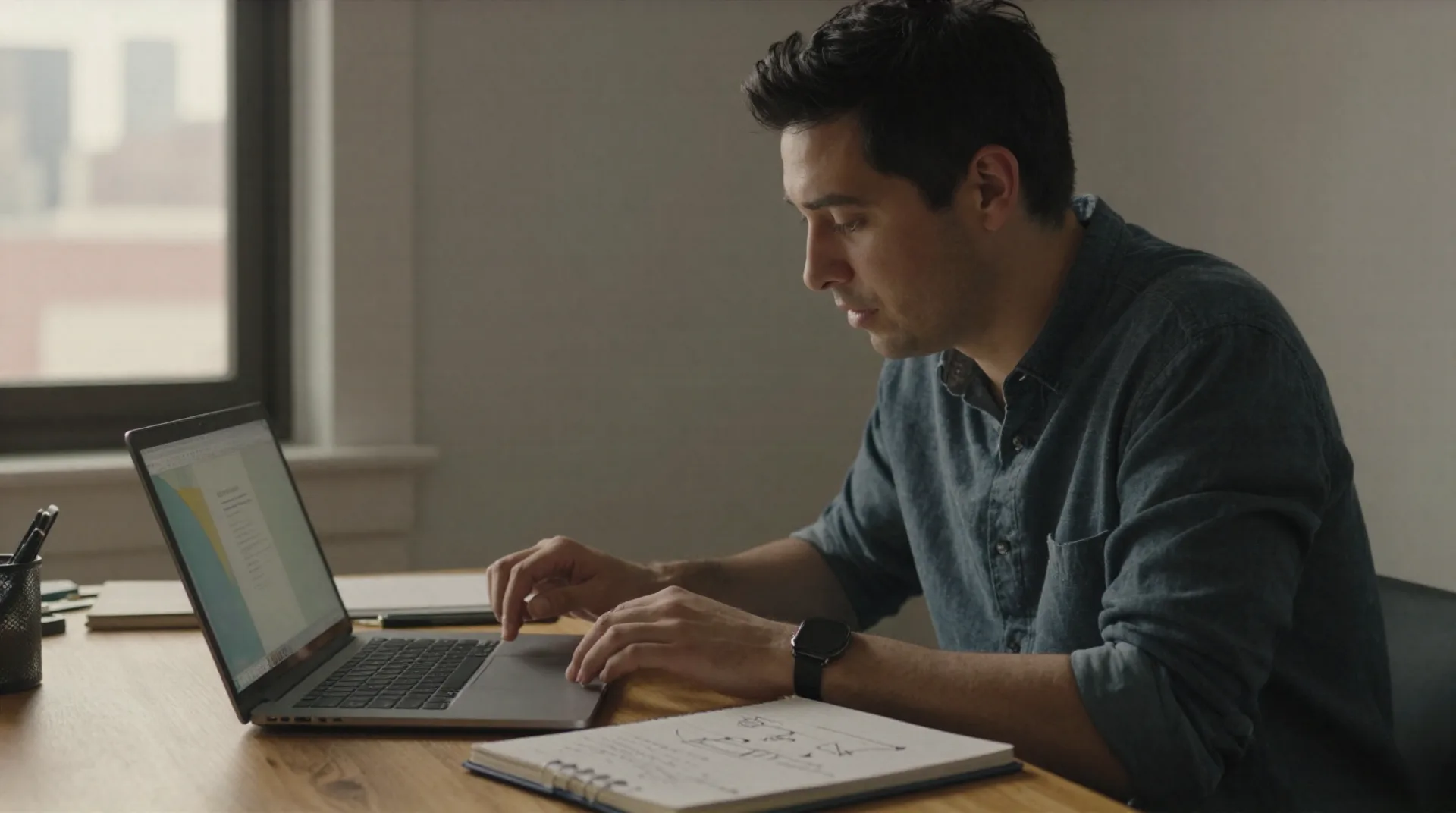 Solo startup founder working at a home office desk in Denver, laptop open next to a notebook with sketched startup ideas