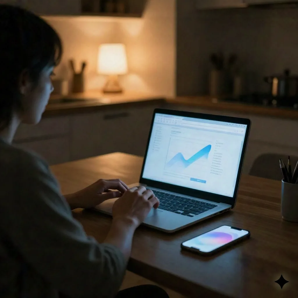 Person seen from behind at a kitchen table at night, laptop glow lighting their hands