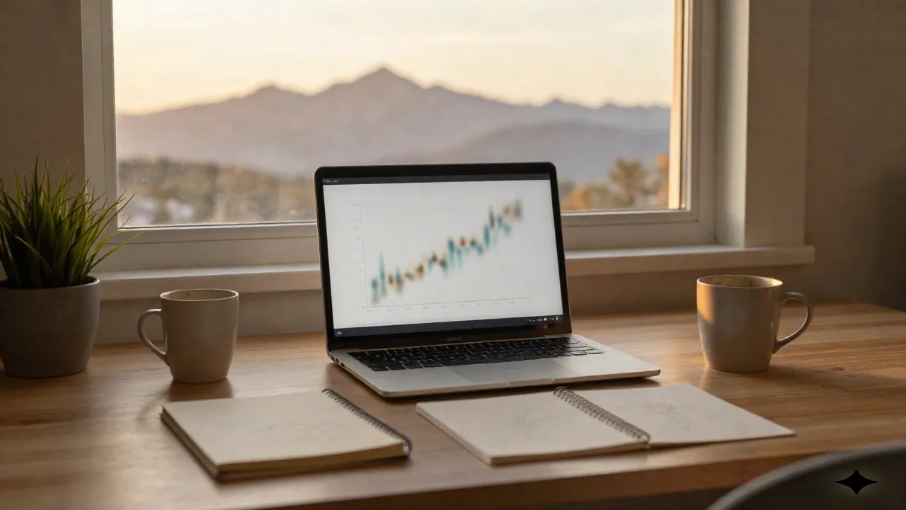 Scrivania home office con laptop che mostra un grafico di trading astratto e un quaderno di carta al tramonto dorato