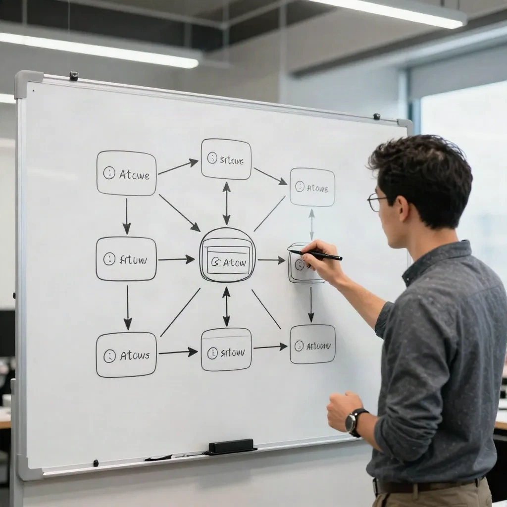 Gründer, die einen KI-gestützten Workflow an einer Tafel skizzieren
