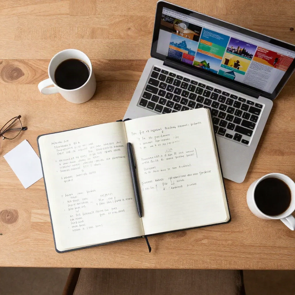 Plat bureauoverzicht met notitieboek en sociale media analysegrafieken voor concurrentieonderzoek