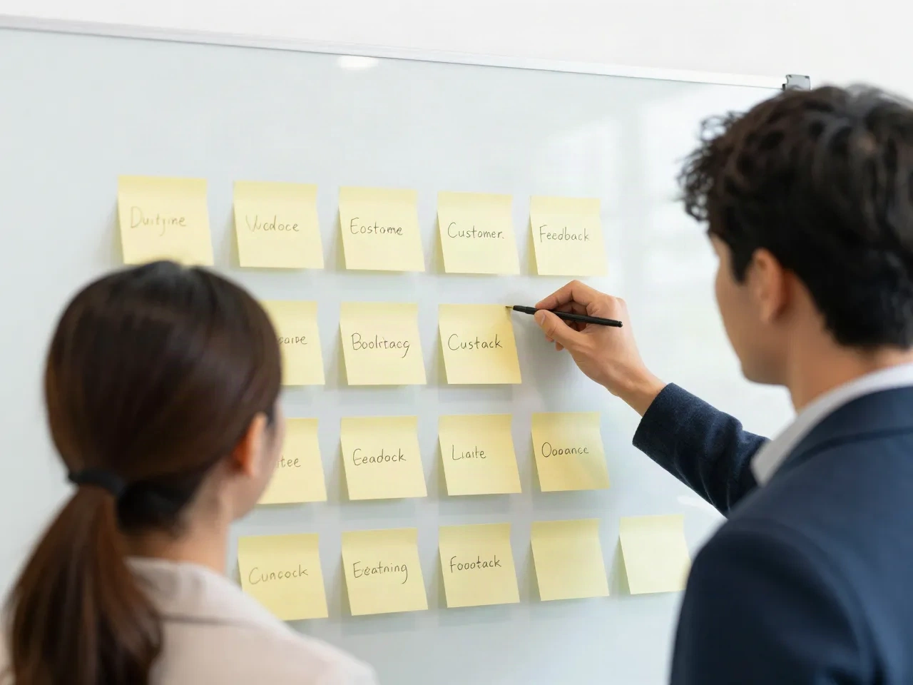 Two people grouping customer feedback sticky notes on a whiteboard