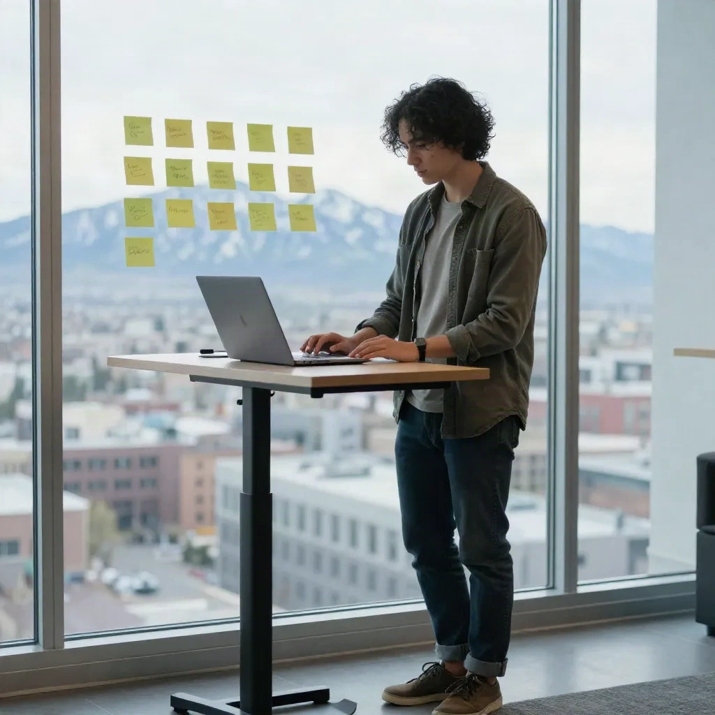 Founder at standing desk with sticky notes on window, mountain view in background, Salt Lake City