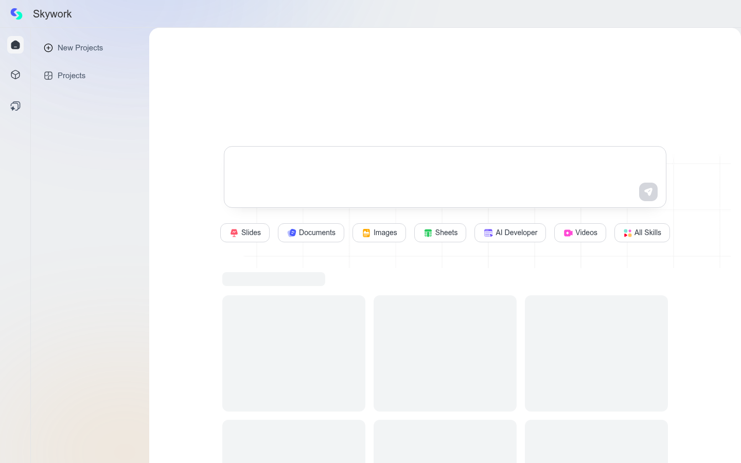 Skywork AI Arbeitsplatz-Dashboard zeigt Projekt-Agenten für Präsentationen, Dokumente, Bilder, Tabellen und Video