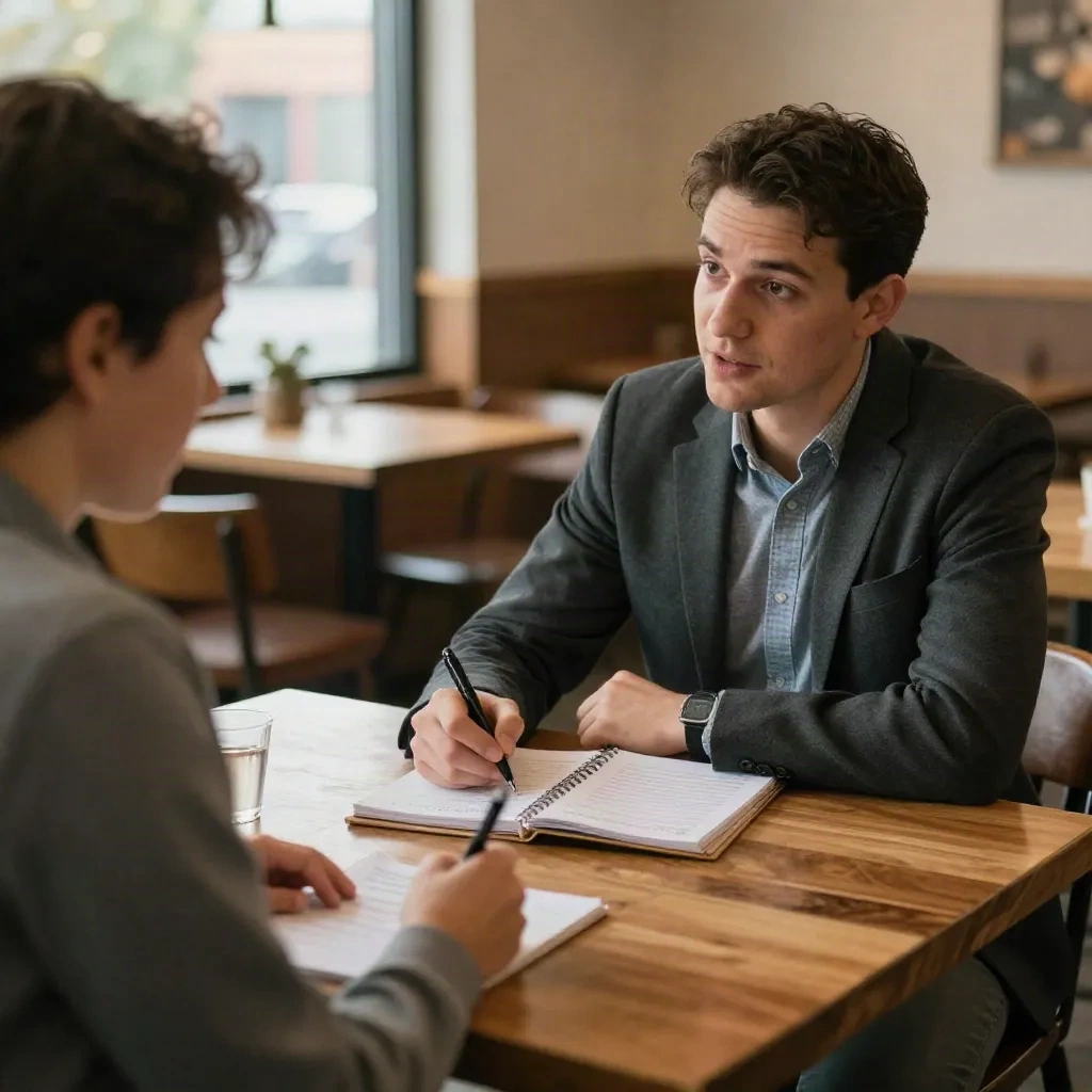 Two founders having a customer discovery conversation at a coffee shop table, Boulder Colorado