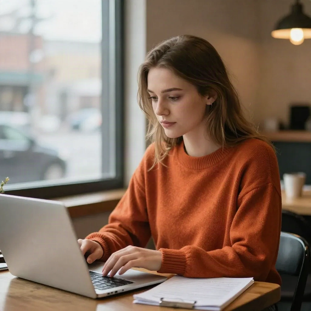 Founder working on a laptop with research notes at a coffee shop