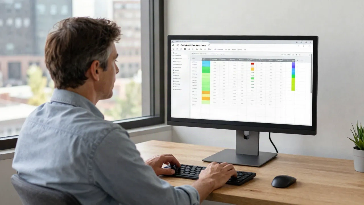Founder reviewing a competitor analysis spreadsheet at a standing desk with a Denver cityscape in the background