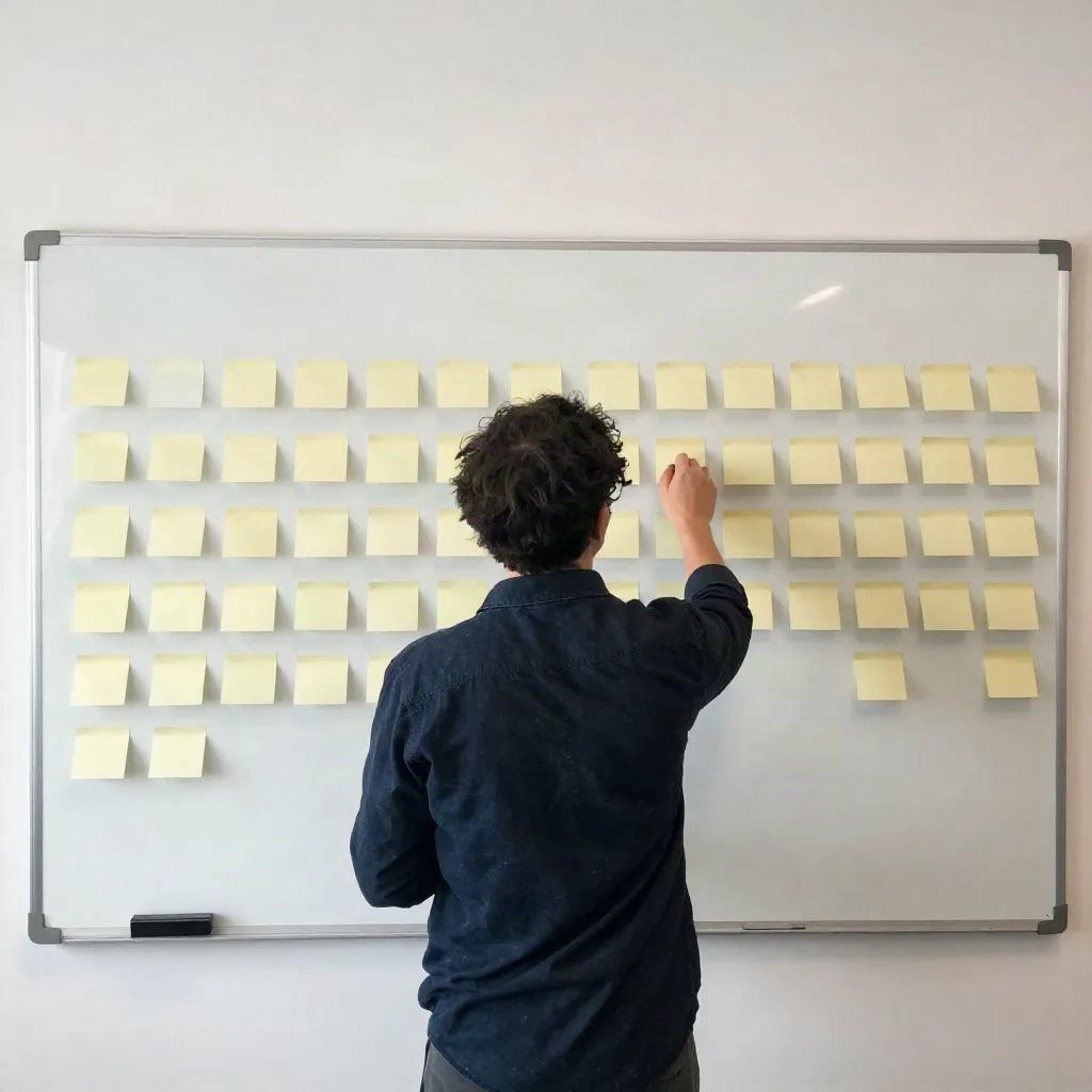 Founder die concurrentieanalyse beoordeelt op whiteboard met thematisch georganiseerde plaknotities