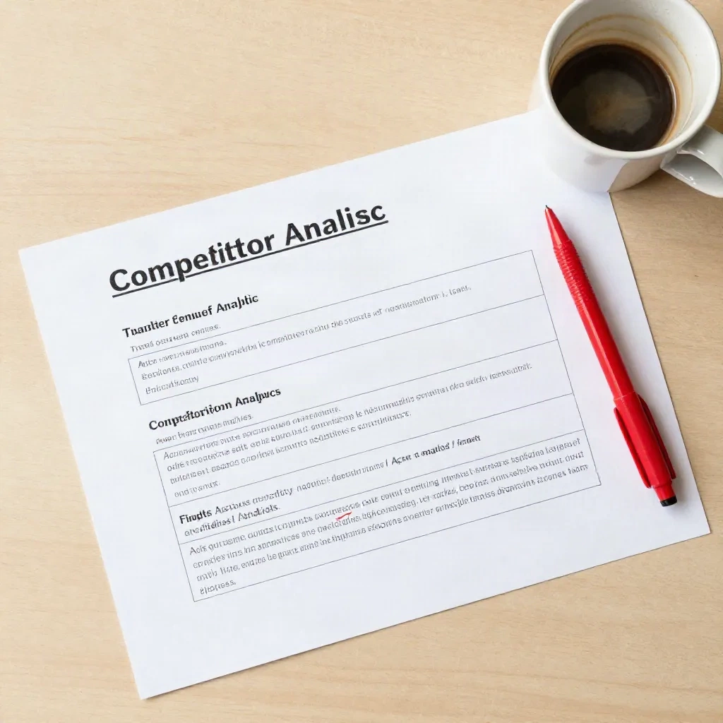 Printed competitor analysis matrix on a wooden desk, annotated with a red pen