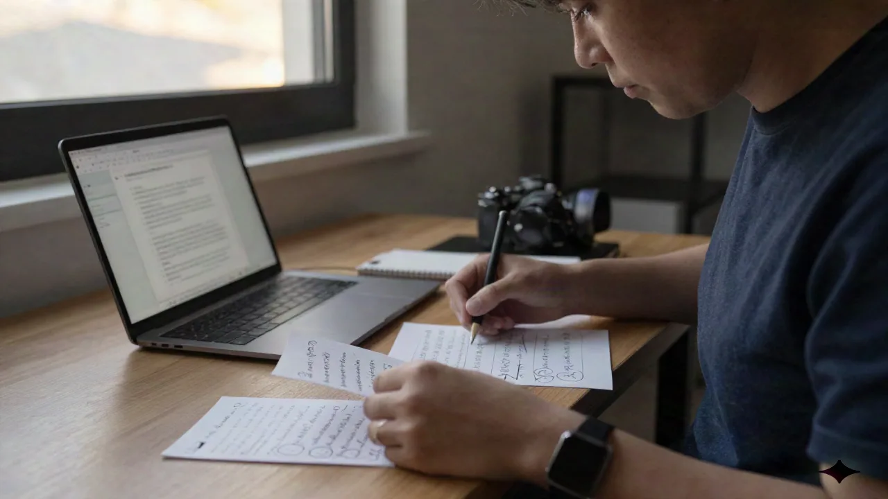 Founder reviewing handwritten customer research notes at a desk