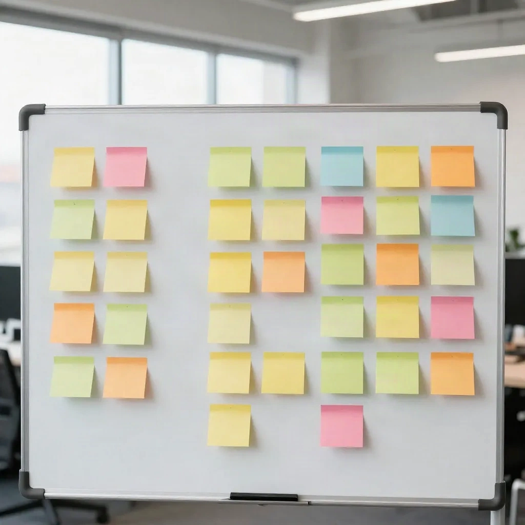 Whiteboard covered with colorful sticky notes organized in clusters in a startup office with natural light