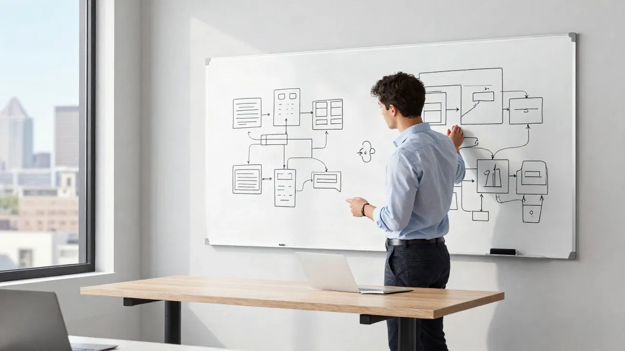Gründer überprüft Business-Planning-Frameworks am stehenden Schreibtisch