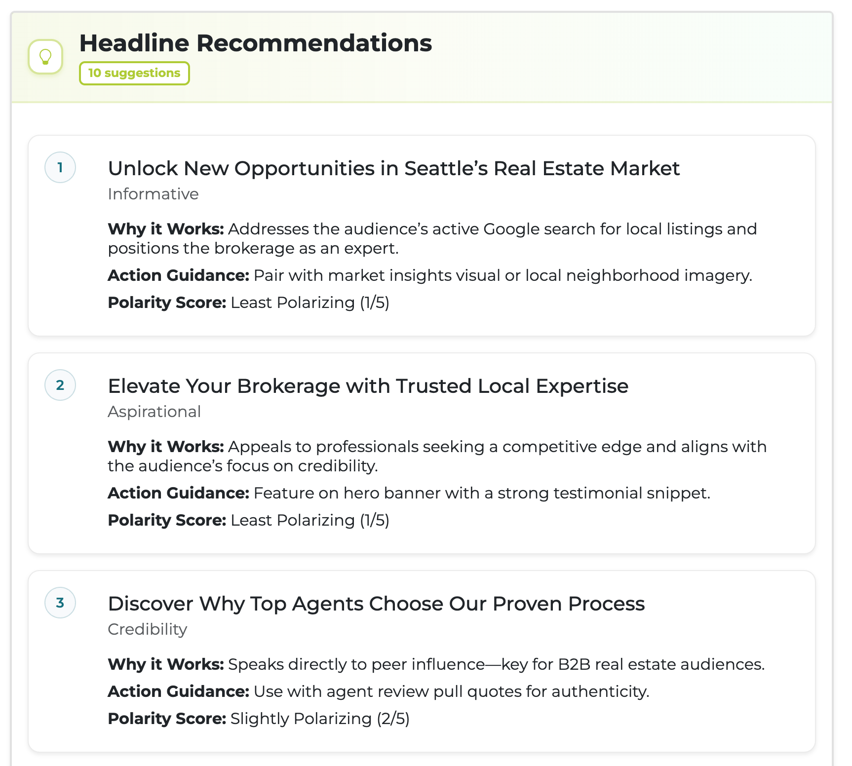 Panneau de recommandations de titres Take Action de SparkToro avec type de message et score de polarité