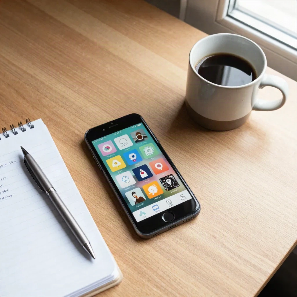 Overhead flat-lay of a notebook, smartphone with social media feed, and coffee mug on a wooden desk
