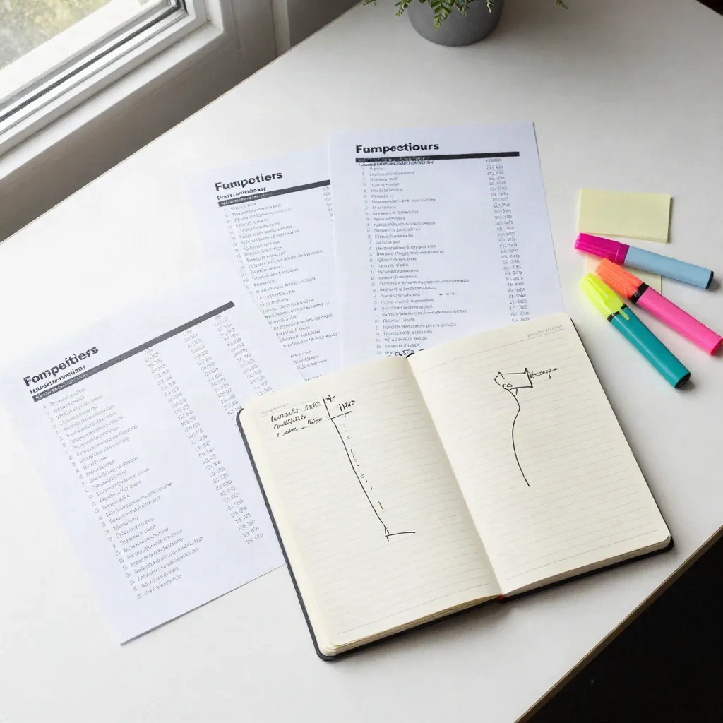 Vue aérienne de matériaux de recherche concurrentielle sur un bureau de fondateur avec des notes de matrice de positionnement