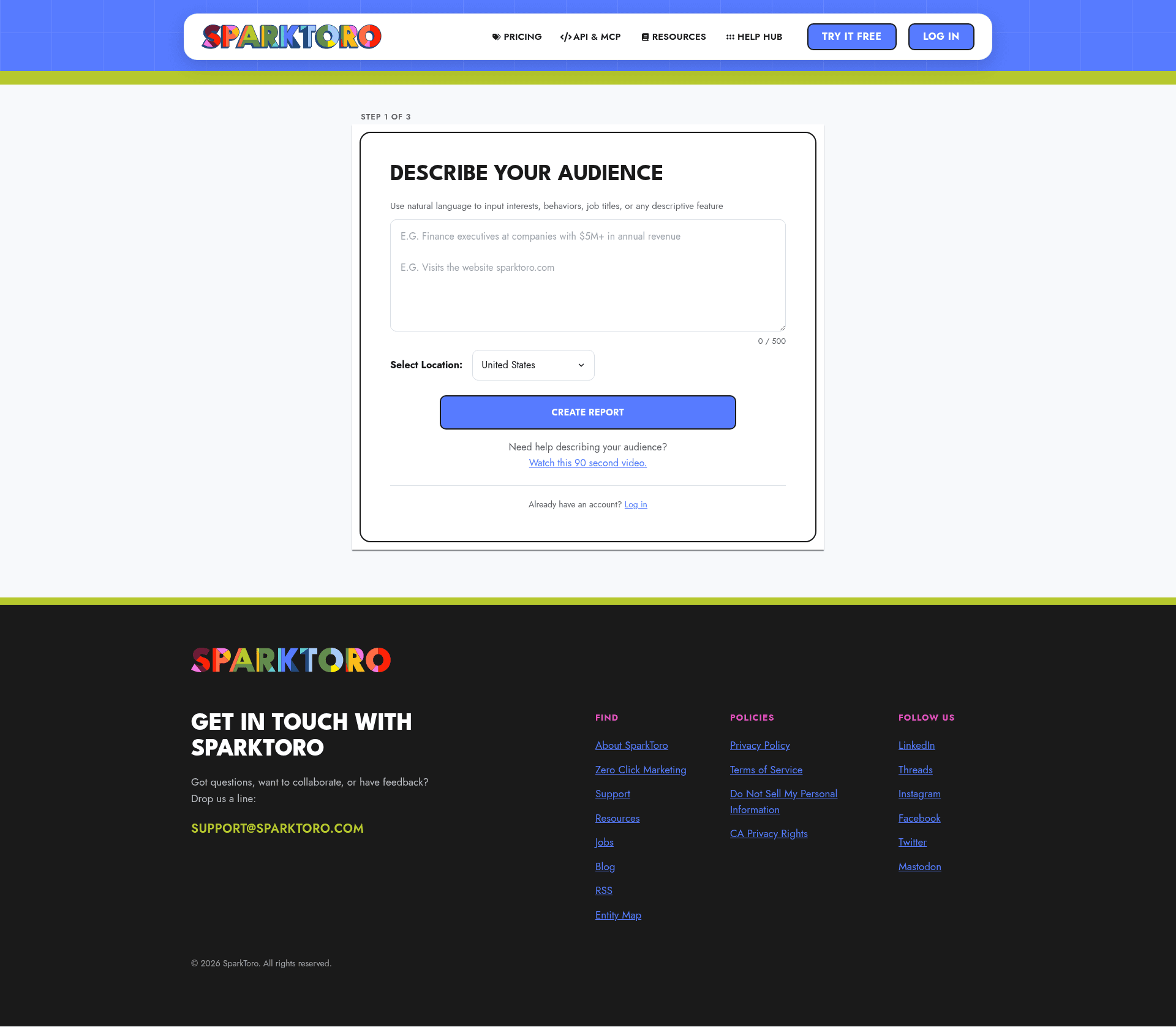 SparkToro Create Report onboarding screen, step 1 of 3, describe your audience