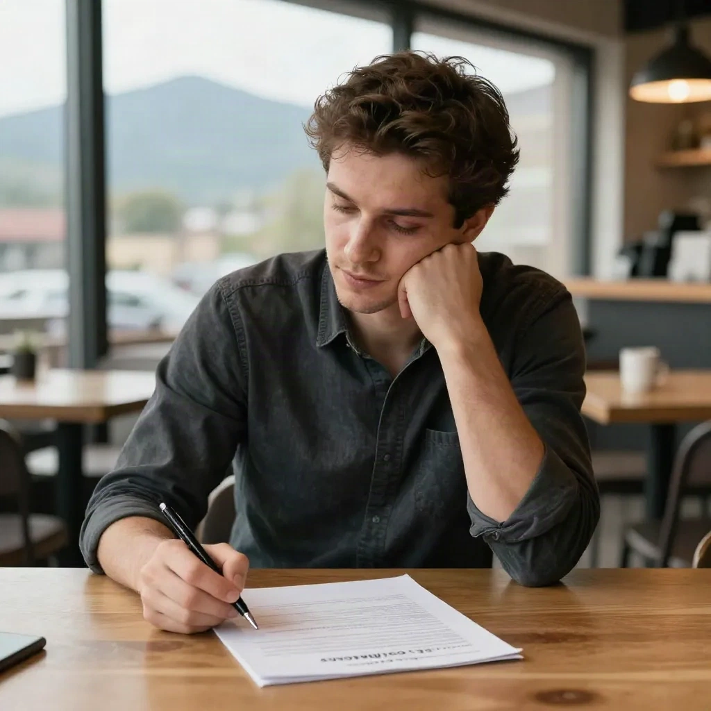 Fondatore in un caffè che esamina un documento sul framework del modello di business