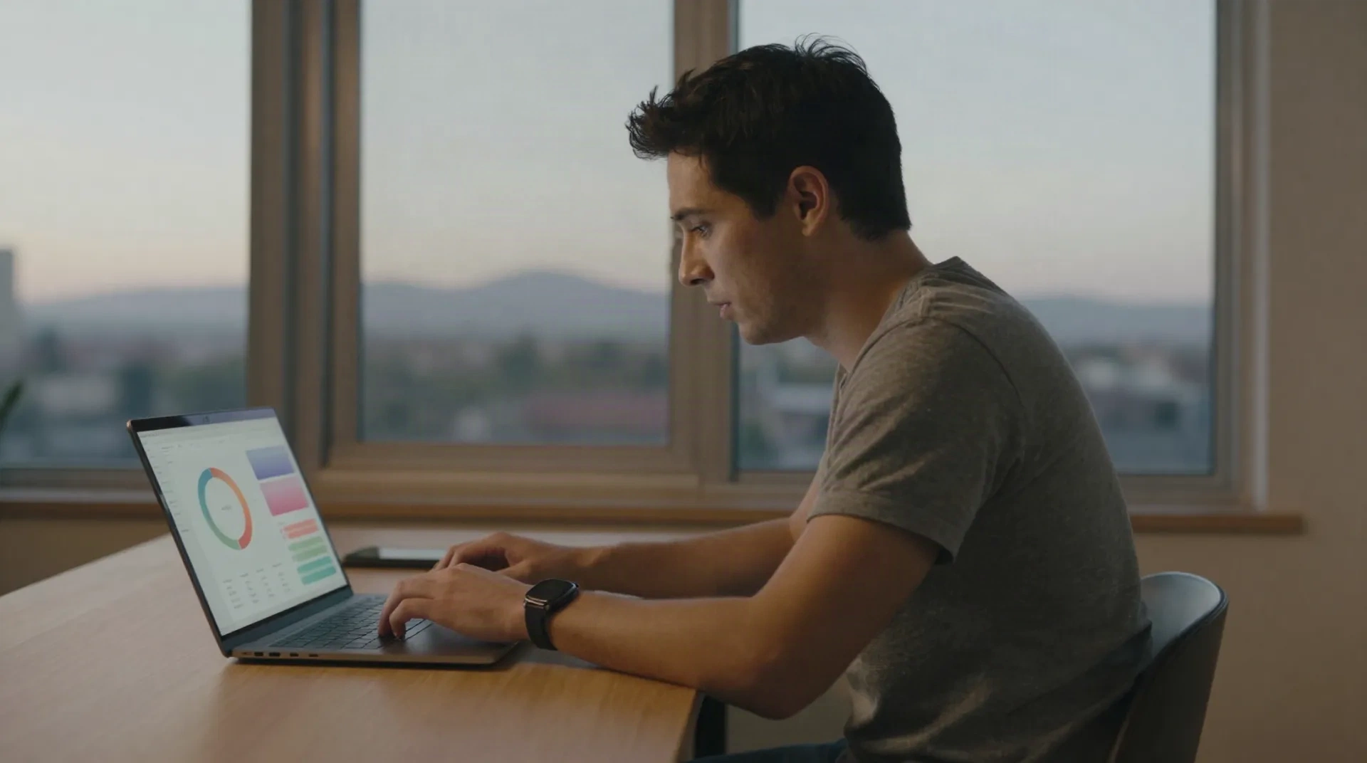 Fundador revisando una puntuación de viabilidad de mercado generada por IA en una laptop al atardecer