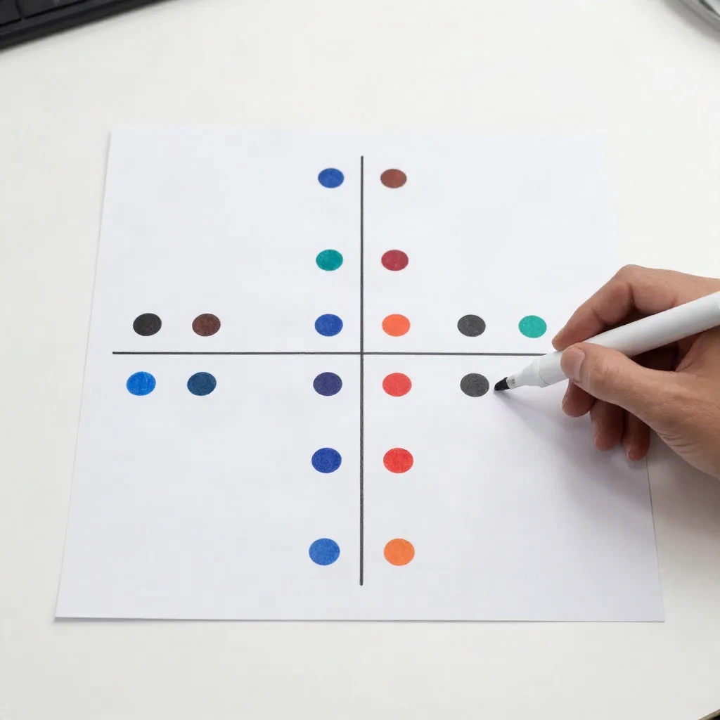 Competitive positioning matrix with color-coded dots showing market landscape
