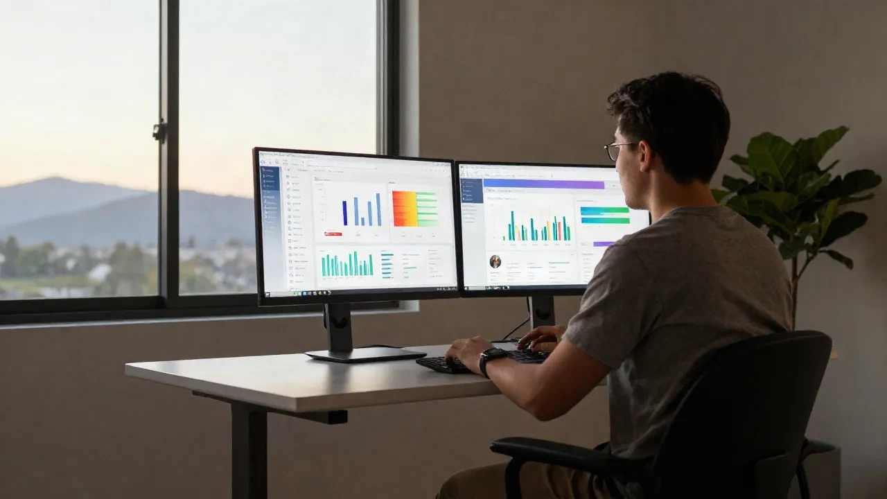 Founder reviewing social media analytics dashboards in a modern home office with mountain views