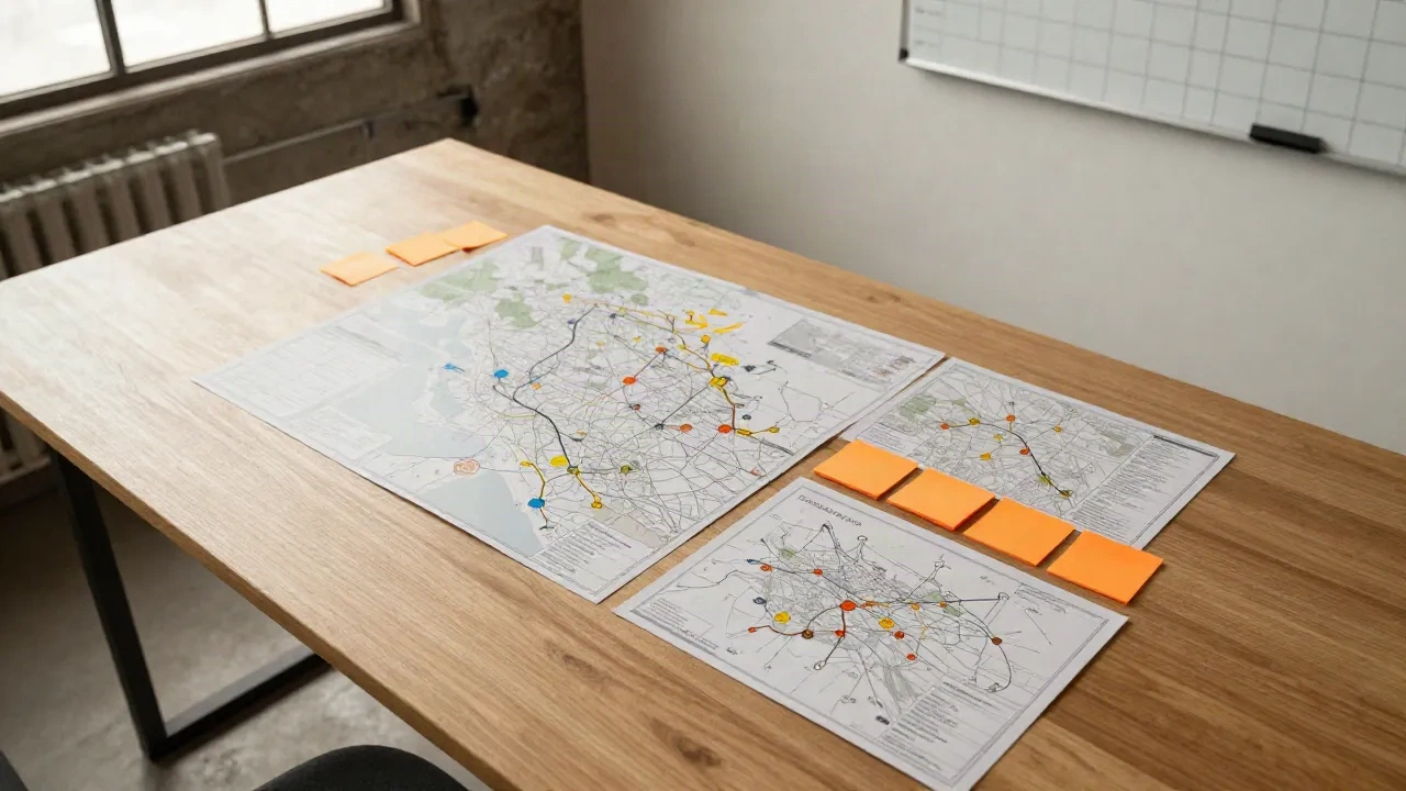 Competitive landscape research materials spread across a war room table with frameworks and color-coded notes