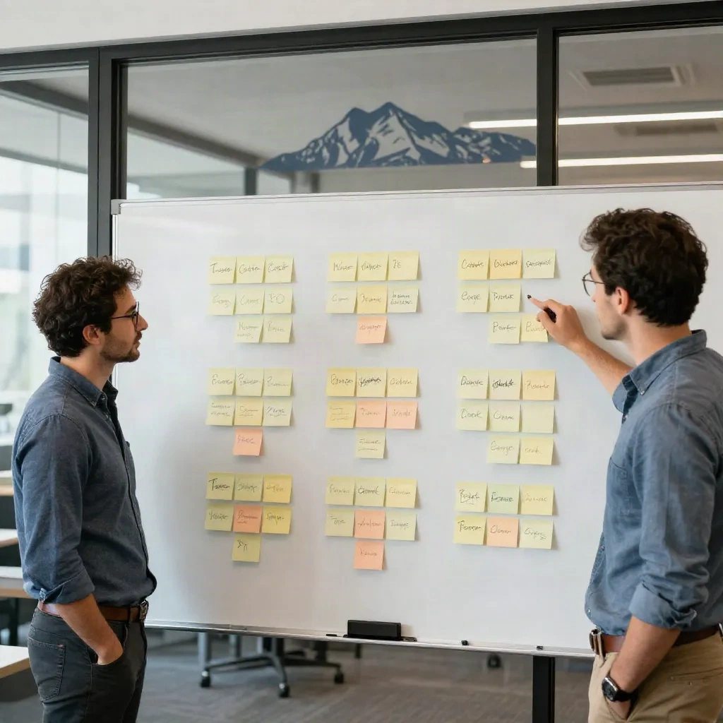 Deux fondateurs mappant les lacunes concurrentielles de positionnement sur un tableau blanc avec des post-its