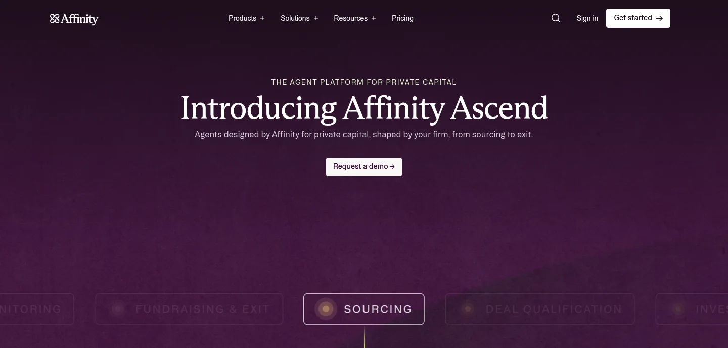 Affinity Ascend agents page listing sourcing, deal qualification and fundraising workflows