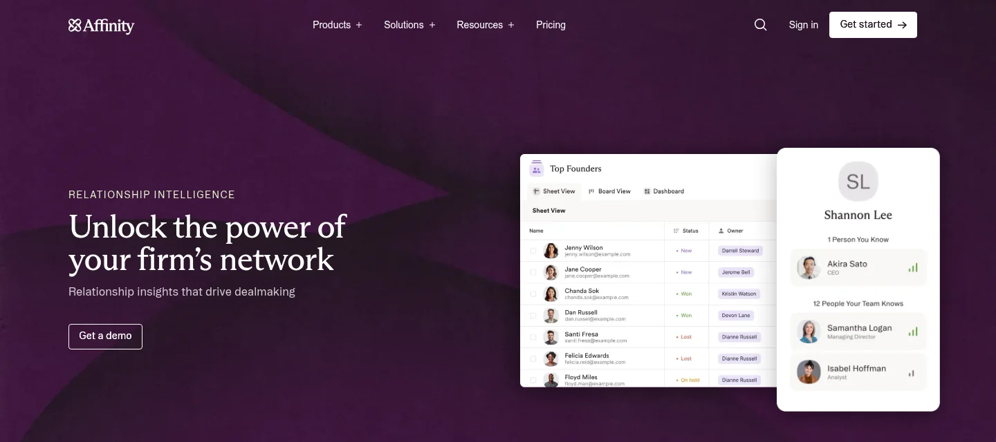 Affinity relationship intelligence page showing a Top Founders list view and a warm-path contact card