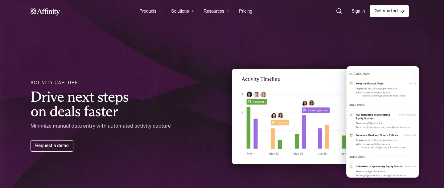 Affinity activity capture page showing an activity timeline of meetings and emails