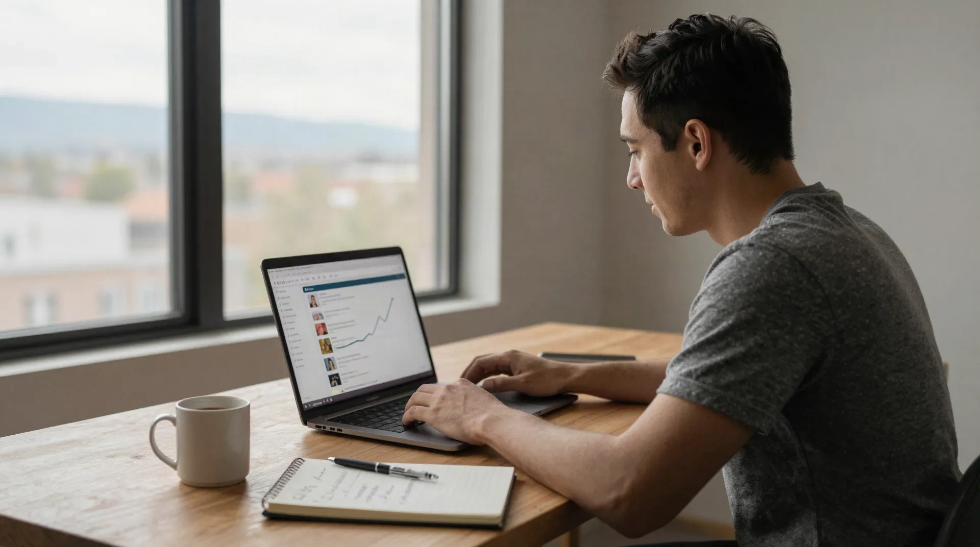 Fundador en un escritorio leyendo conversaciones en redes sociales y una línea de tendencia de menciones en una laptop