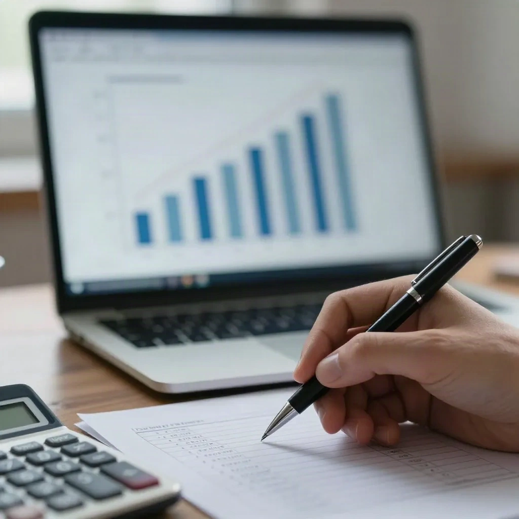 Hand holding a pen over a printed spreadsheet next to a laptop with charts