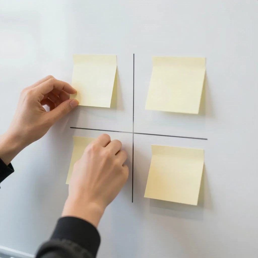 Hands sorting sticky notes onto a whiteboard split into four sections