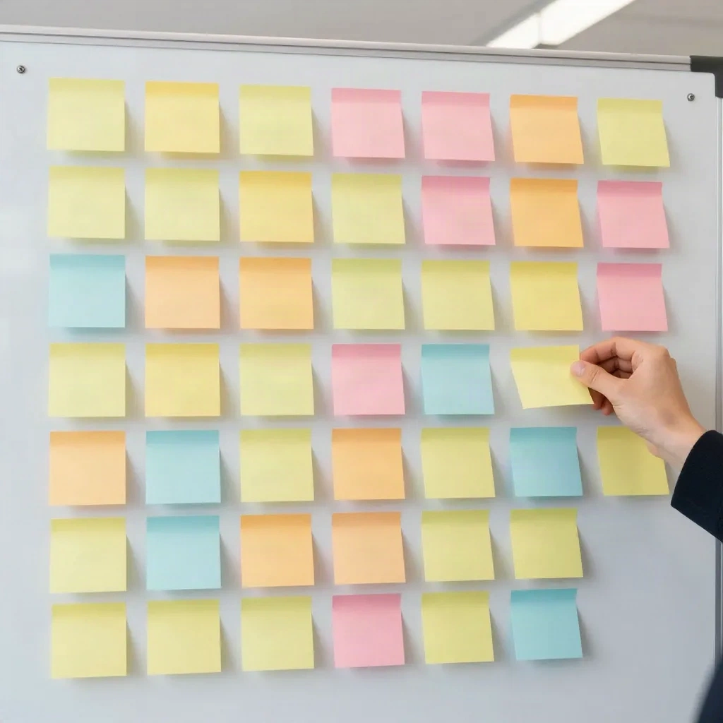 Hand placing a sticky note on a grid of sticky notes on a whiteboard wall