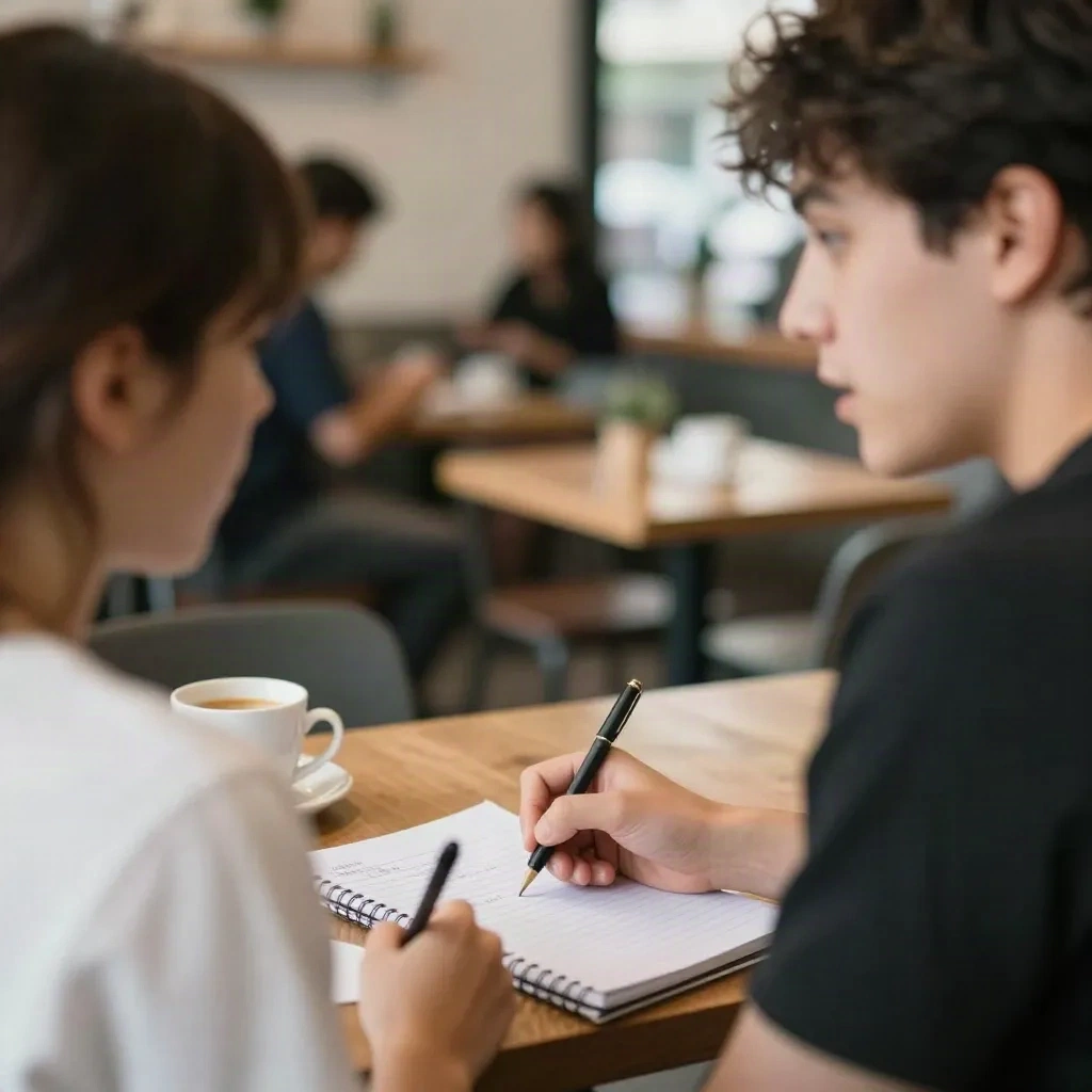 Two people talking in a coffee shop while one takes handwritten notes