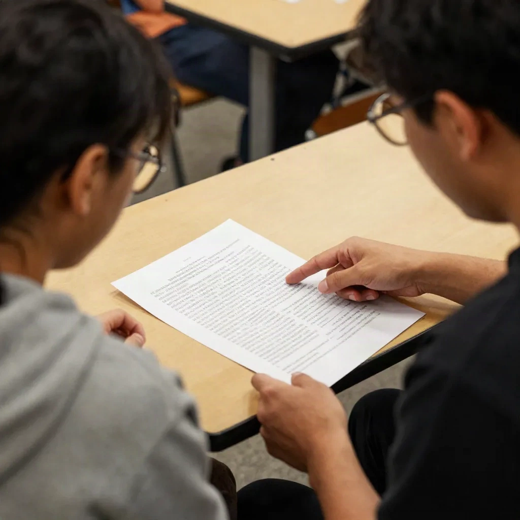 Two founders reviewing printed notes together at a workshop table