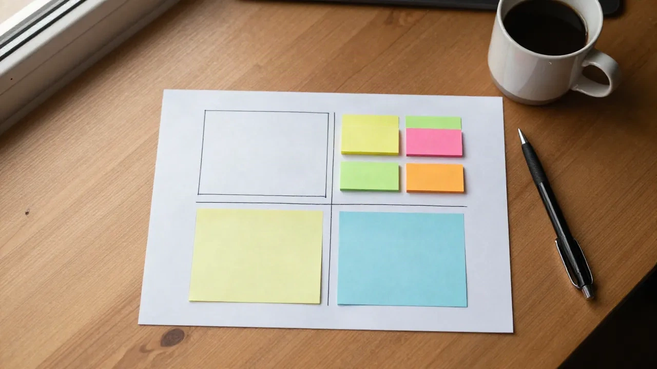 Founder's desk with a four-quadrant grid and sticky notes sorted into each section