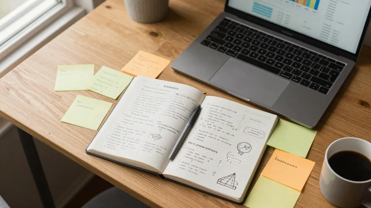 Notebook with handwritten customer interview notes, sticky notes and a laptop on a wooden desk