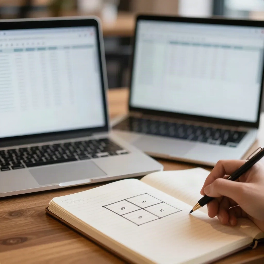 Laptop and notebook with a hand-drawn two-by-two grid on a cafe table