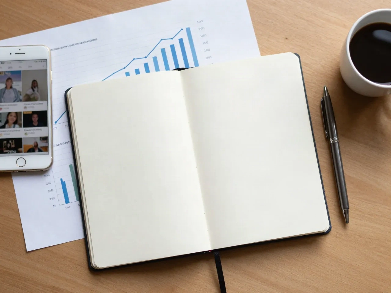 Masada bir bahsetme hacmi grafiği, bir defter ve sosyal akış açık bir telefon